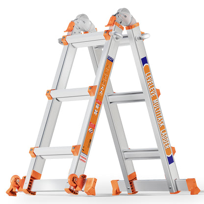 LAFWELL Multi Position 3 Step Ladder, 14FT Extension Ladder with Stabilizer Bar &amp; Wheels,330 lbs Security Load A Frame Ladder for Stairs Home Indoor Outdoor Roof