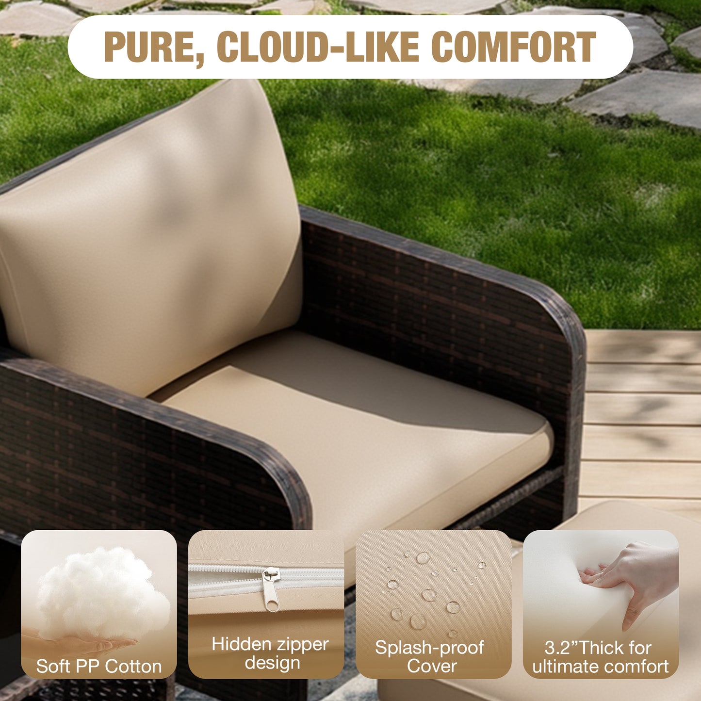 LAFWELL 5 Piece Patio Conversation Set with Wicker Rattan Outdoor Lounge Chairs, Soft Cushions, Ottoman, Glass Table