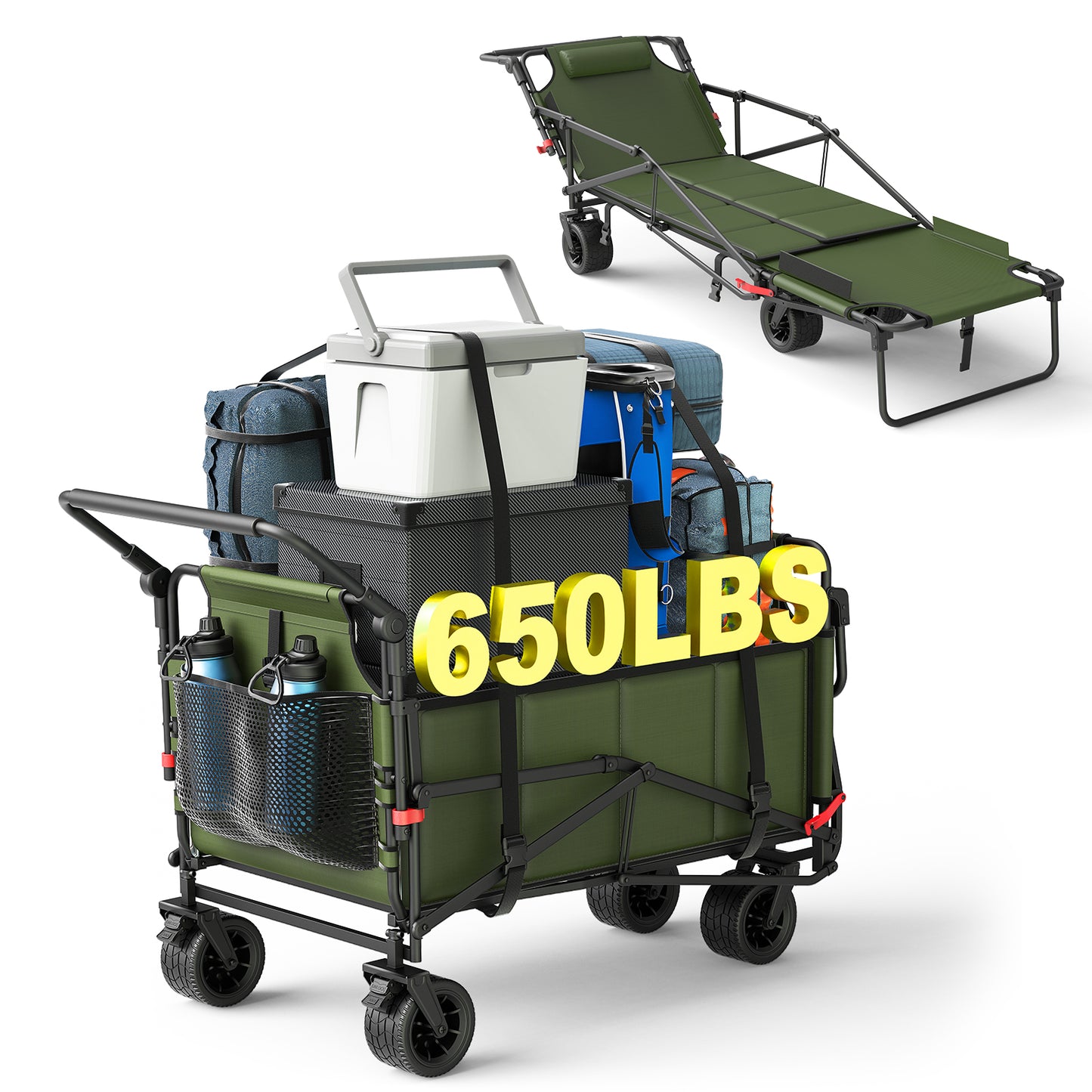 LAFWELL Heavy Duty Folding Wagon - 2-in-1 Collapsible Cart, 400lb/650lb Capacity, All-Terrain Wheels with Brakes &amp; Side Pockets
