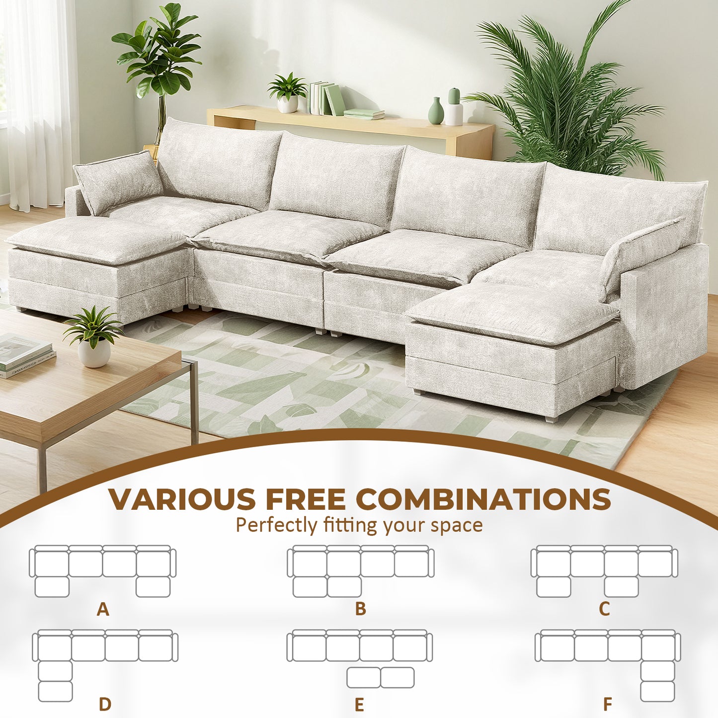LAFWELL-12.5" L-Shape Modular Sofa with 1 Ottomans, Deep Seat Cloud Convertible Sleeper, 3 Throw 2 Arm Pillows, Comfortable Upholstered Furniture for Living Room Apartment