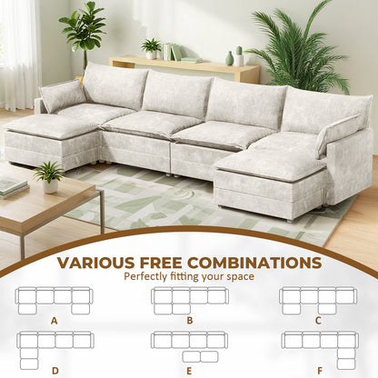 LAFWELL-12.5" L-Shape Modular Sofa with 1 Ottomans, Deep Seat Cloud Convertible Sleeper, 3 Throw 2 Arm Pillows, Comfortable Upholstered Furniture for Living Room Apartment