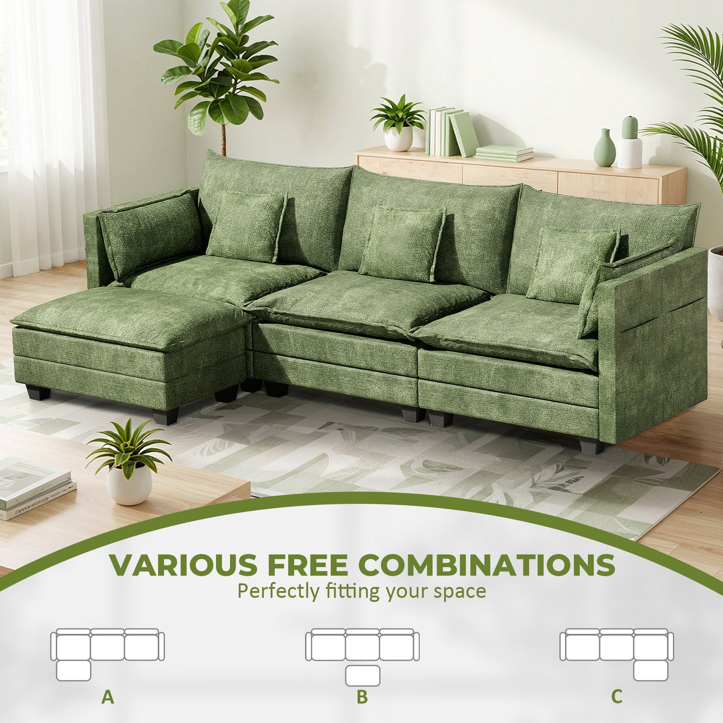 LAFWELL-12.5" L-Shape Modular Sofa with 1 Ottomans, Deep Seat Cloud Convertible Sleeper, 3 Throw 2 Arm Pillows, Comfortable Upholstered Furniture for Living Room Apartment