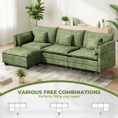 LAFWELL-12.5" L-Shape Modular Sofa with 1 Ottomans, Deep Seat Cloud Convertible Sleeper, 3 Throw 2 Arm Pillows, Comfortable Upholstered Furniture for Living Room Apartment