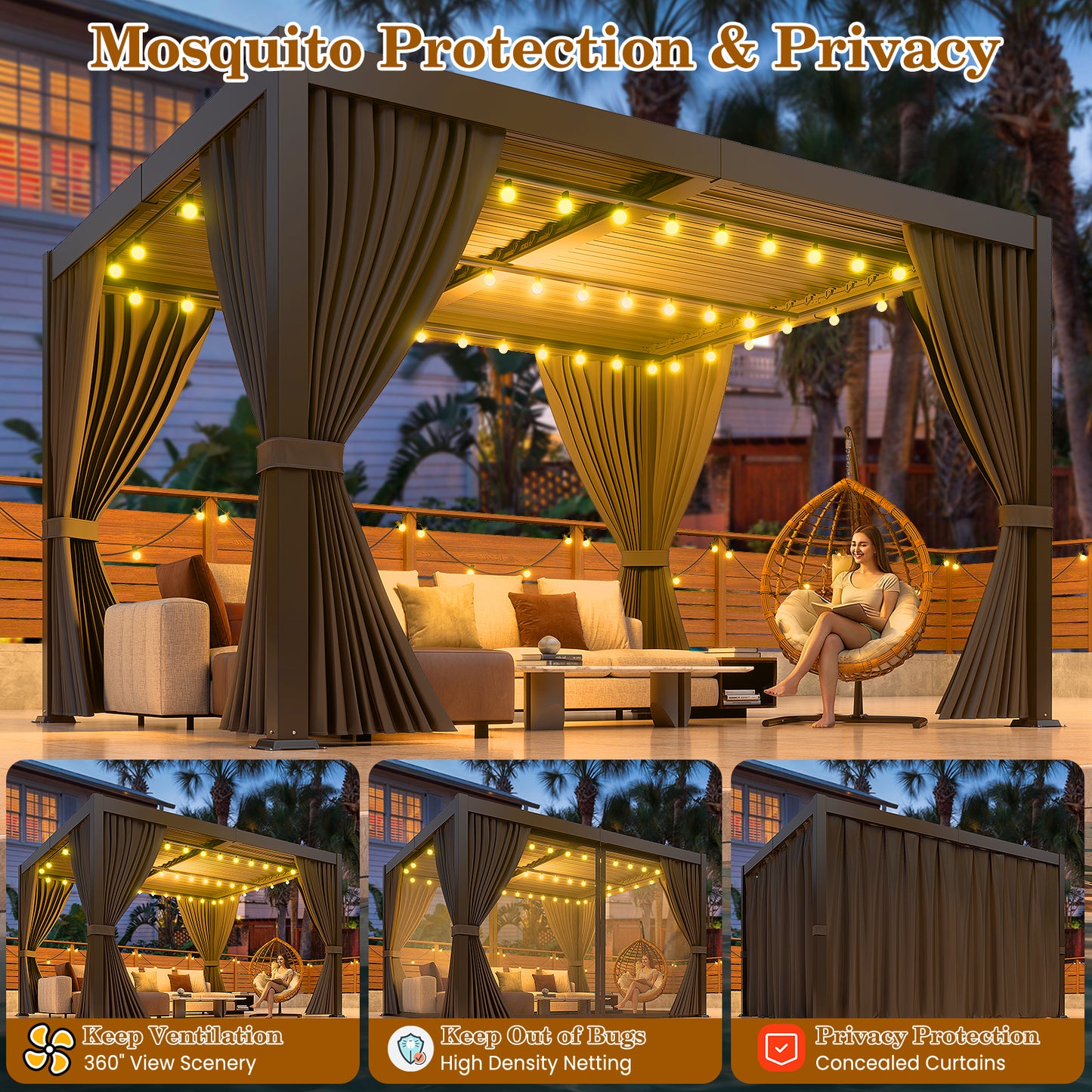 LAFWELL  10' x 12' /20' Louvered Pergola with Adjustable Roof, Outdoor Metal Patio Gazebo with Curtains & Netting, Gutter System, Large Hardtop Canopy for Garden, Deck, Backyard