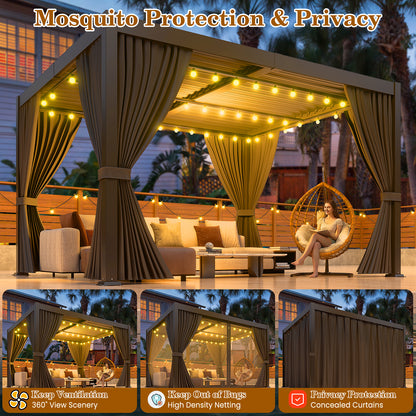 LAFWELL  10' x 12' /20' Louvered Pergola with Adjustable Roof, Outdoor Metal Patio Gazebo with Curtains & Netting, Gutter System, Large Hardtop Canopy for Garden, Deck, Backyard