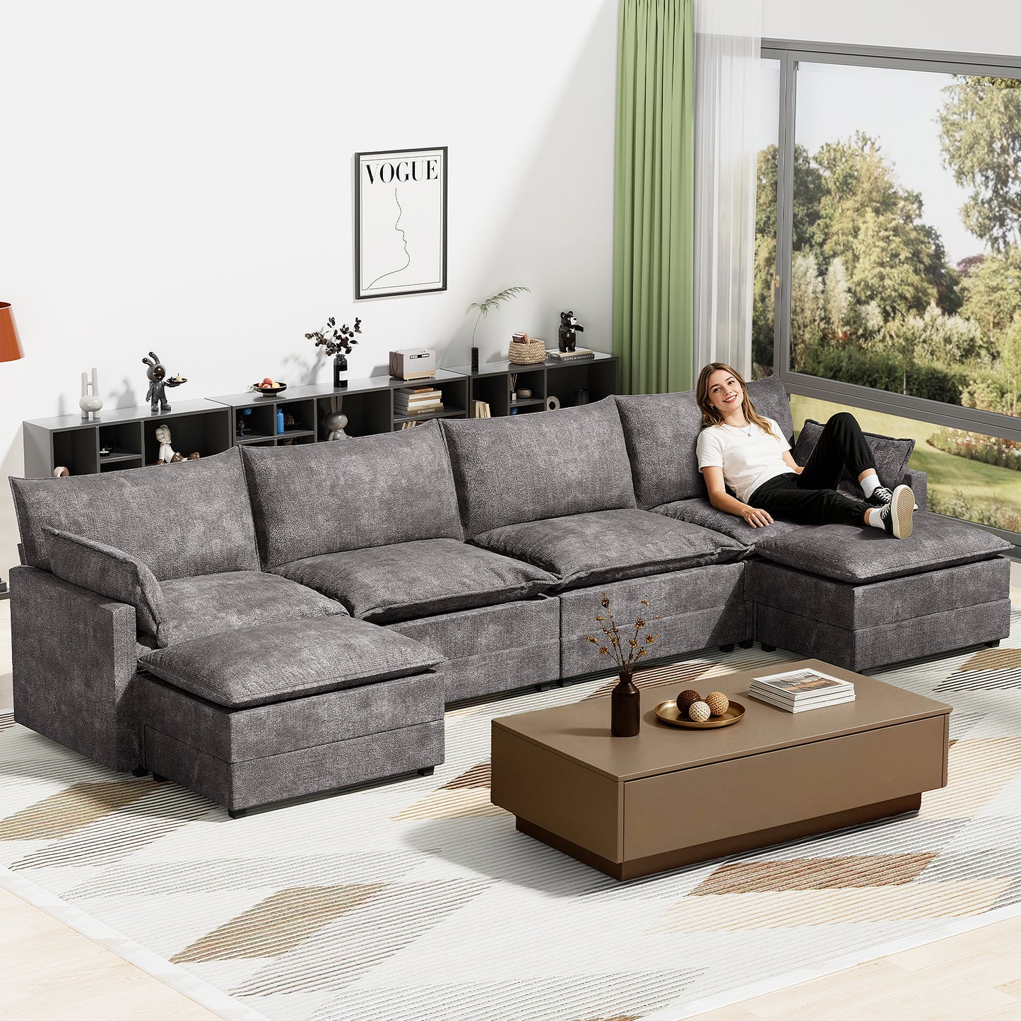 LAFWELL-12.5" L-Shape Modular Sofa with 1 Ottomans, Deep Seat Cloud Convertible Sleeper, 3 Throw 2 Arm Pillows, Comfortable Upholstered Furniture for Living Room Apartment