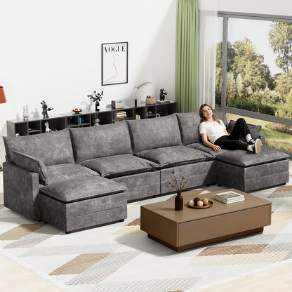 LAFWELL-12.5" L-Shape Modular Sofa with 1 Ottomans, Deep Seat Cloud Convertible Sleeper, 3 Throw 2 Arm Pillows, Comfortable Upholstered Furniture for Living Room Apartment