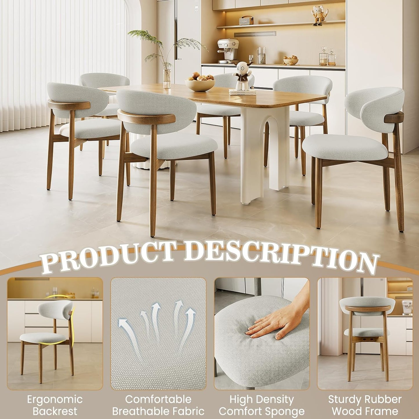 LAFWELL Wooden Dining Chairs Set of 2/4/6,Farmhouse Kitchen Chairs with Curved Back,Modern Fabric Upholstered Chairs for Dining Room
