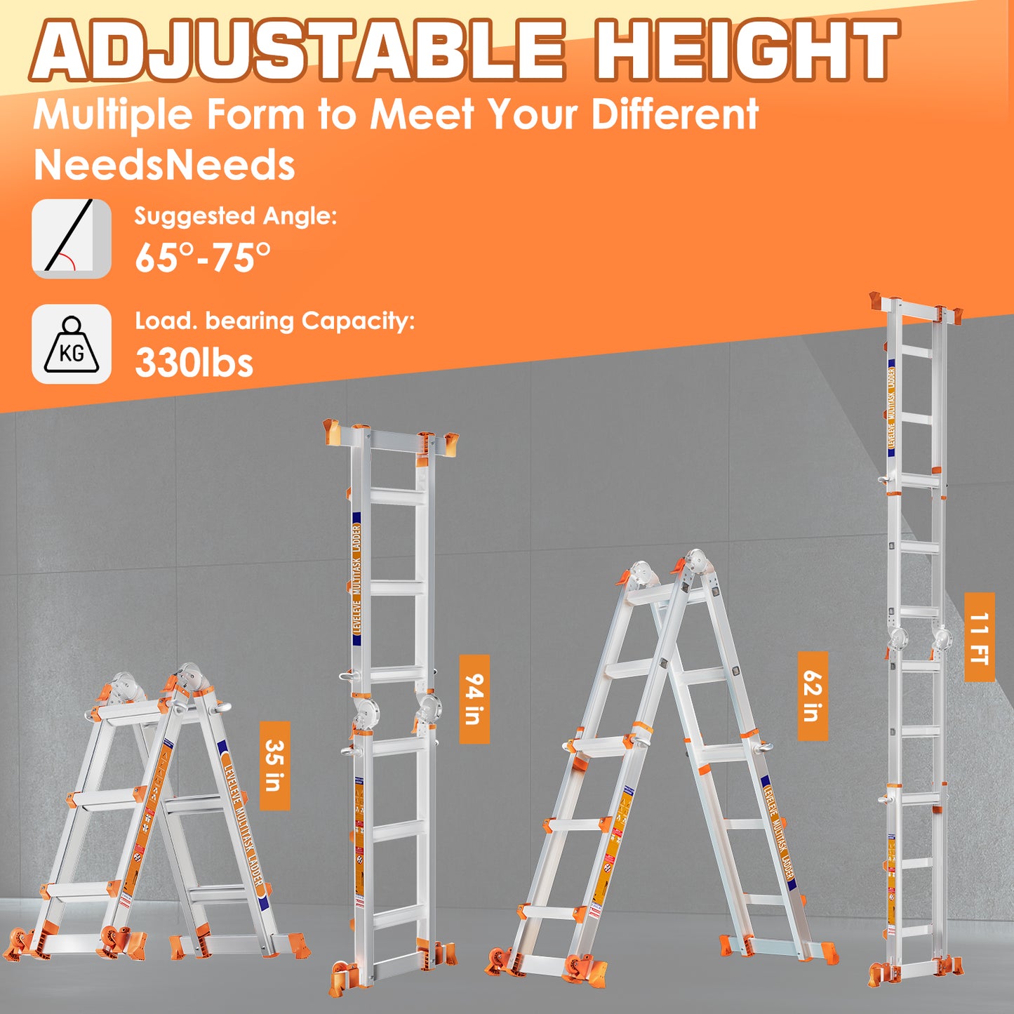 LAFWELL Multi Position 3 Step Ladder, 14FT Extension Ladder with Stabilizer Bar &amp; Wheels,330 lbs Security Load A Frame Ladder for Stairs Home Indoor Outdoor Roof