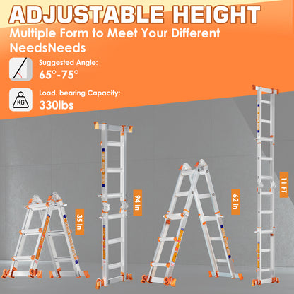 LAFWELL Multi Position 3 Step Ladder, 14FT Extension Ladder with Stabilizer Bar &amp; Wheels,330 lbs Security Load A Frame Ladder for Stairs Home Indoor Outdoor Roof