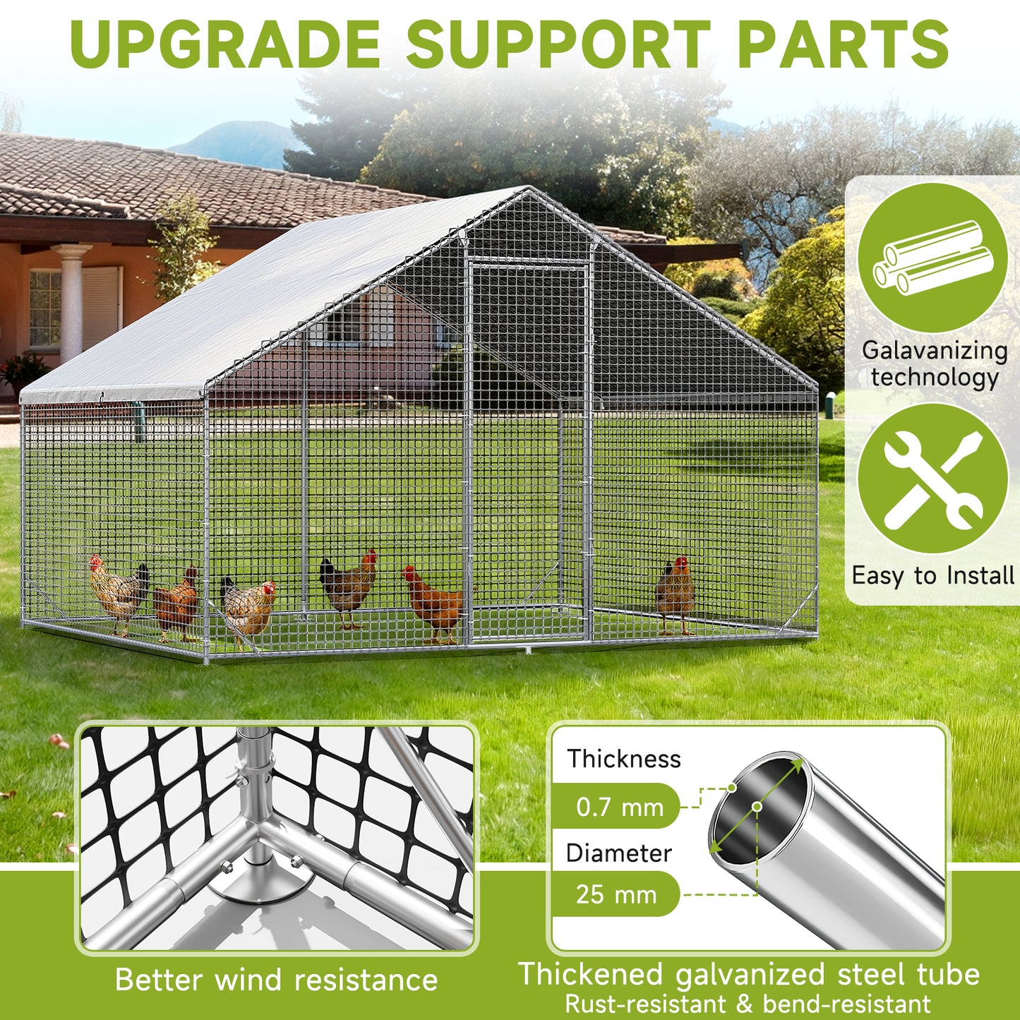 LAFWELL Petony Chicken Coop Outdoor Walk-in Poultry Cage Large Metal Pen Hen Run House Spire Shaped Cage with Waterproof Anti-Ultraviolet Cover,for Backyard Farm Rabbits Duck