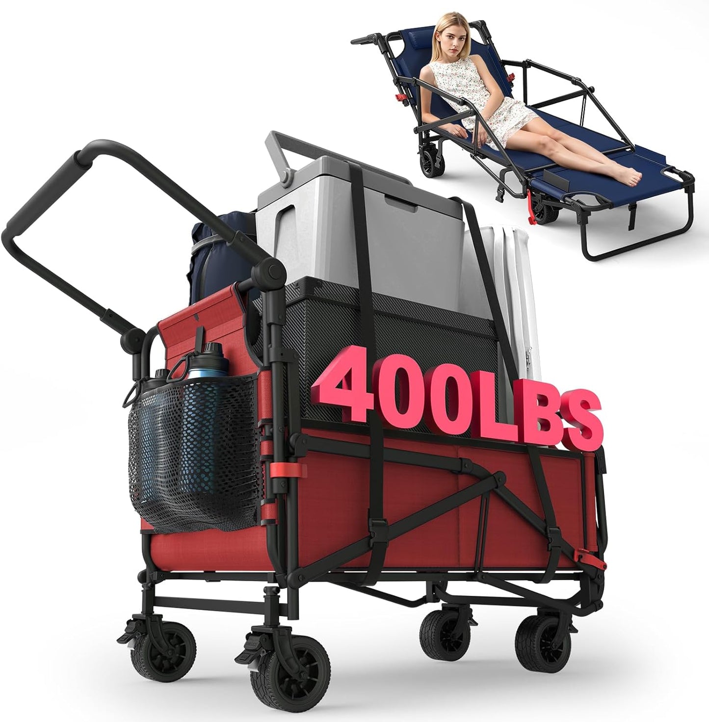 LAFWELL Heavy Duty Folding Wagon - 2-in-1 Collapsible Cart, 400lb/650lb Capacity, All-Terrain Wheels with Brakes &amp; Side Pockets