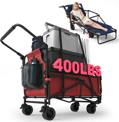 LAFWELL Heavy Duty Folding Wagon - 2-in-1 Collapsible Cart, 400lb/650lb Capacity, All-Terrain Wheels with Brakes &amp; Side Pockets