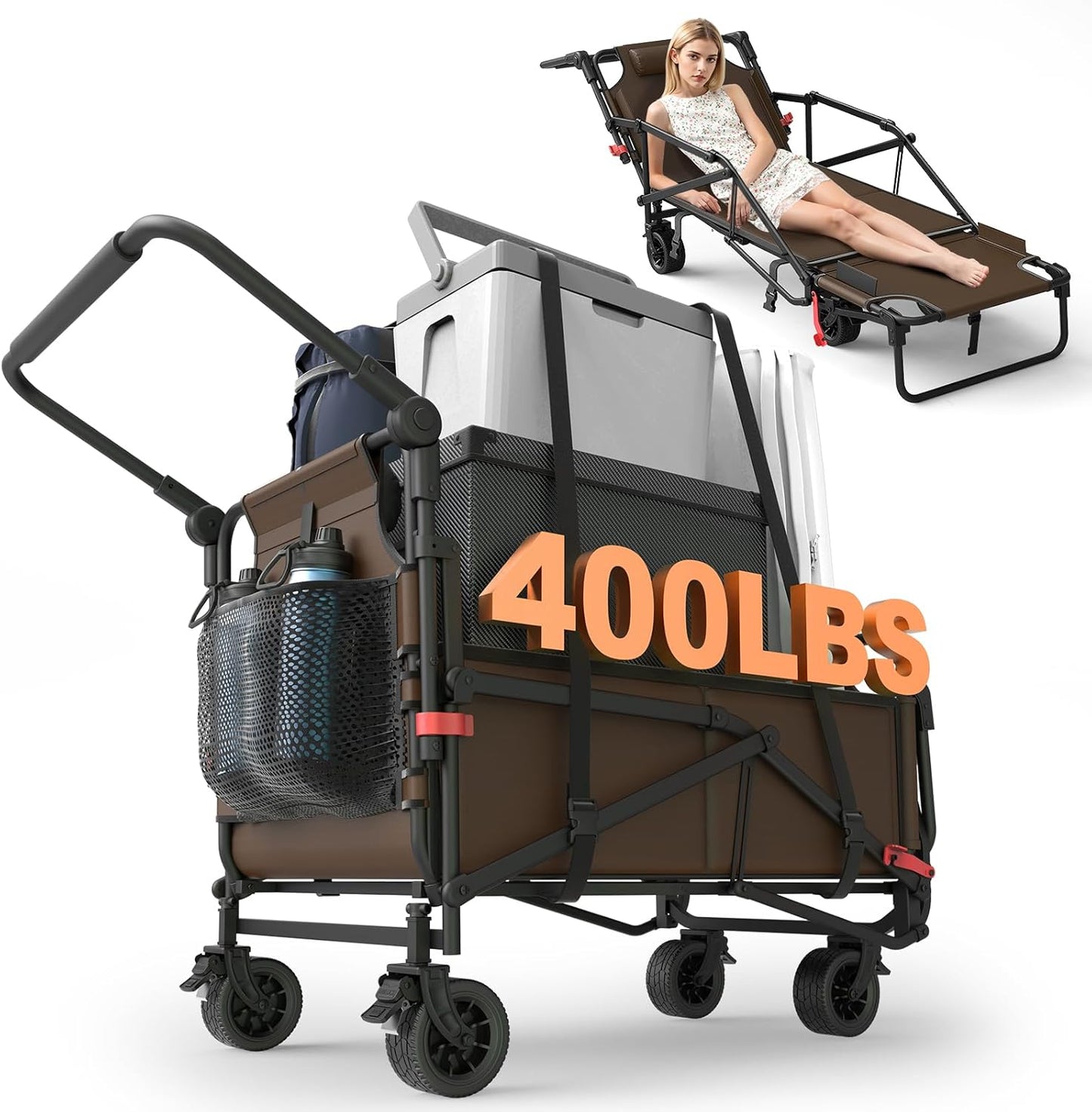 LAFWELL Heavy Duty Folding Wagon - 2-in-1 Collapsible Cart, 400lb/650lb Capacity, All-Terrain Wheels with Brakes &amp; Side Pockets