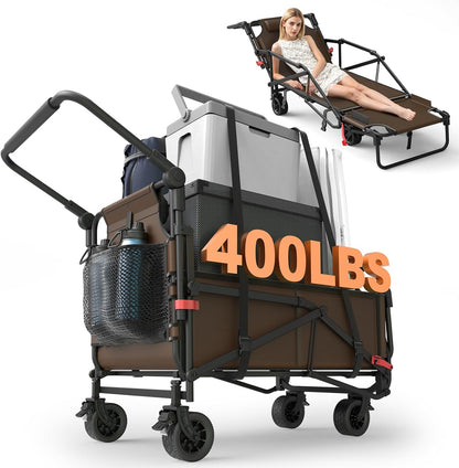LAFWELL Heavy Duty Folding Wagon - 2-in-1 Collapsible Cart, 400lb/650lb Capacity, All-Terrain Wheels with Brakes &amp; Side Pockets