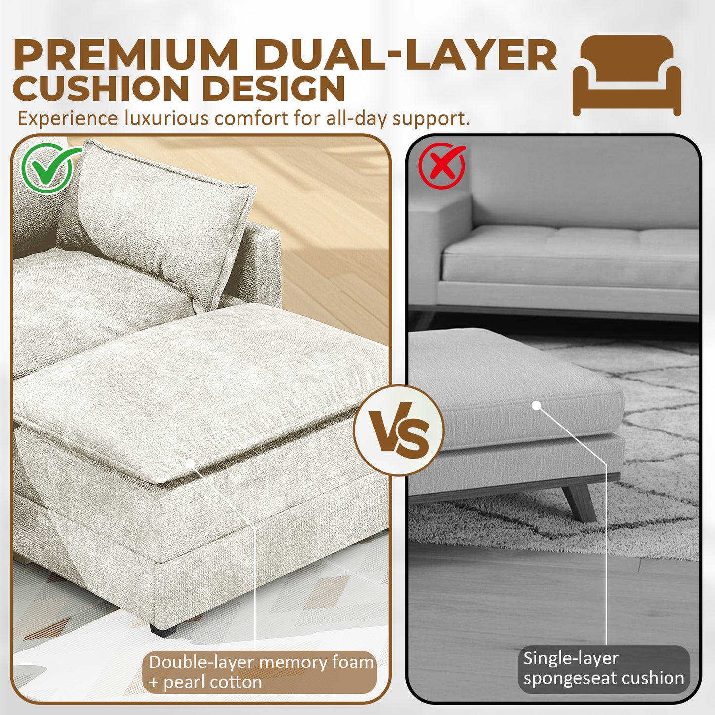 LAFWELL-12.5" L-Shape Modular Sofa with 1 Ottomans, Deep Seat Cloud Convertible Sleeper, 3 Throw 2 Arm Pillows, Comfortable Upholstered Furniture for Living Room Apartment