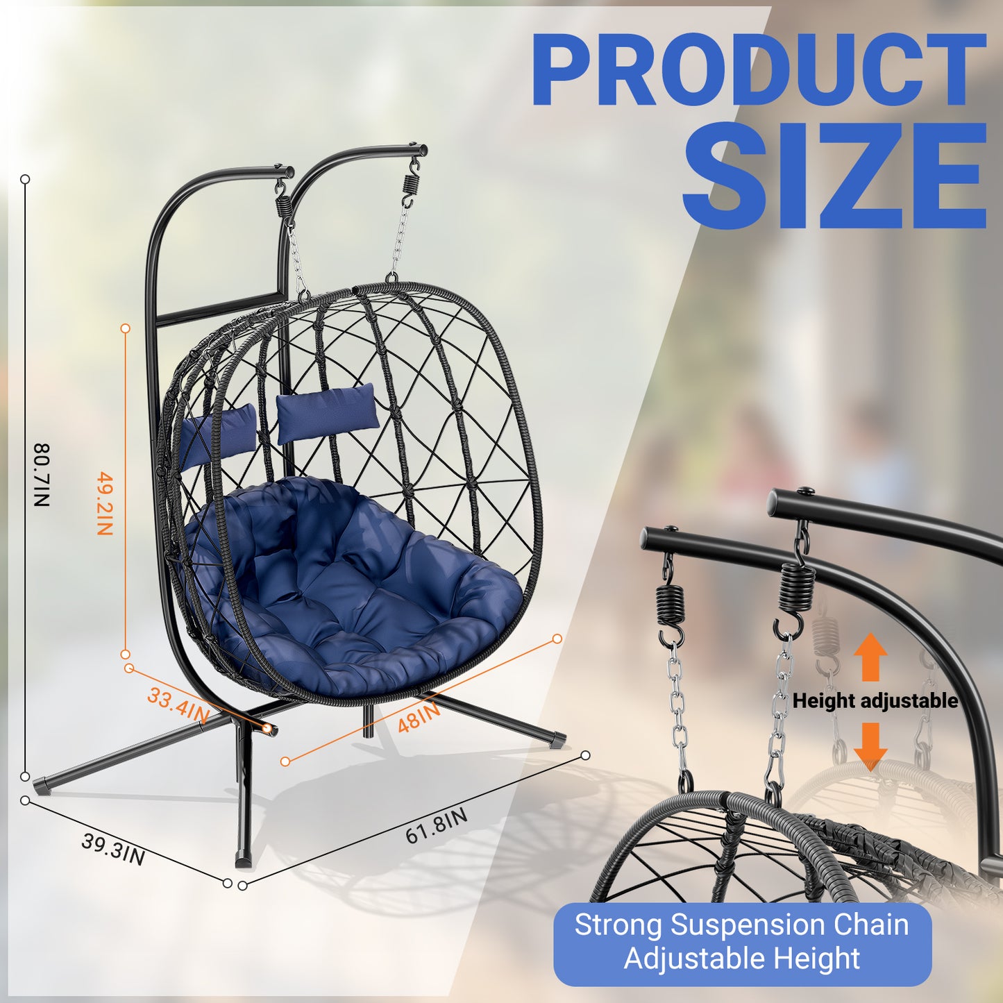 LAFWELL Double Egg Swing Chair with Stand - 2 Person Outdoor Patio Hanging Wicker Hammock Chair with Cushion, Dark Grey, for Garden, Lawn, Bedroom, Indoor/Outdoor Use