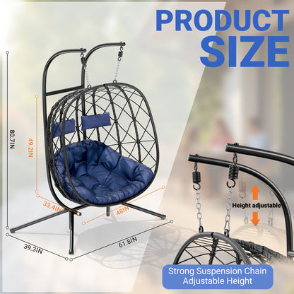 LAFWELL Double Egg Swing Chair with Stand - 2 Person Outdoor Patio Hanging Wicker Hammock Chair with Cushion, Dark Grey, for Garden, Lawn, Bedroom, Indoor/Outdoor Use