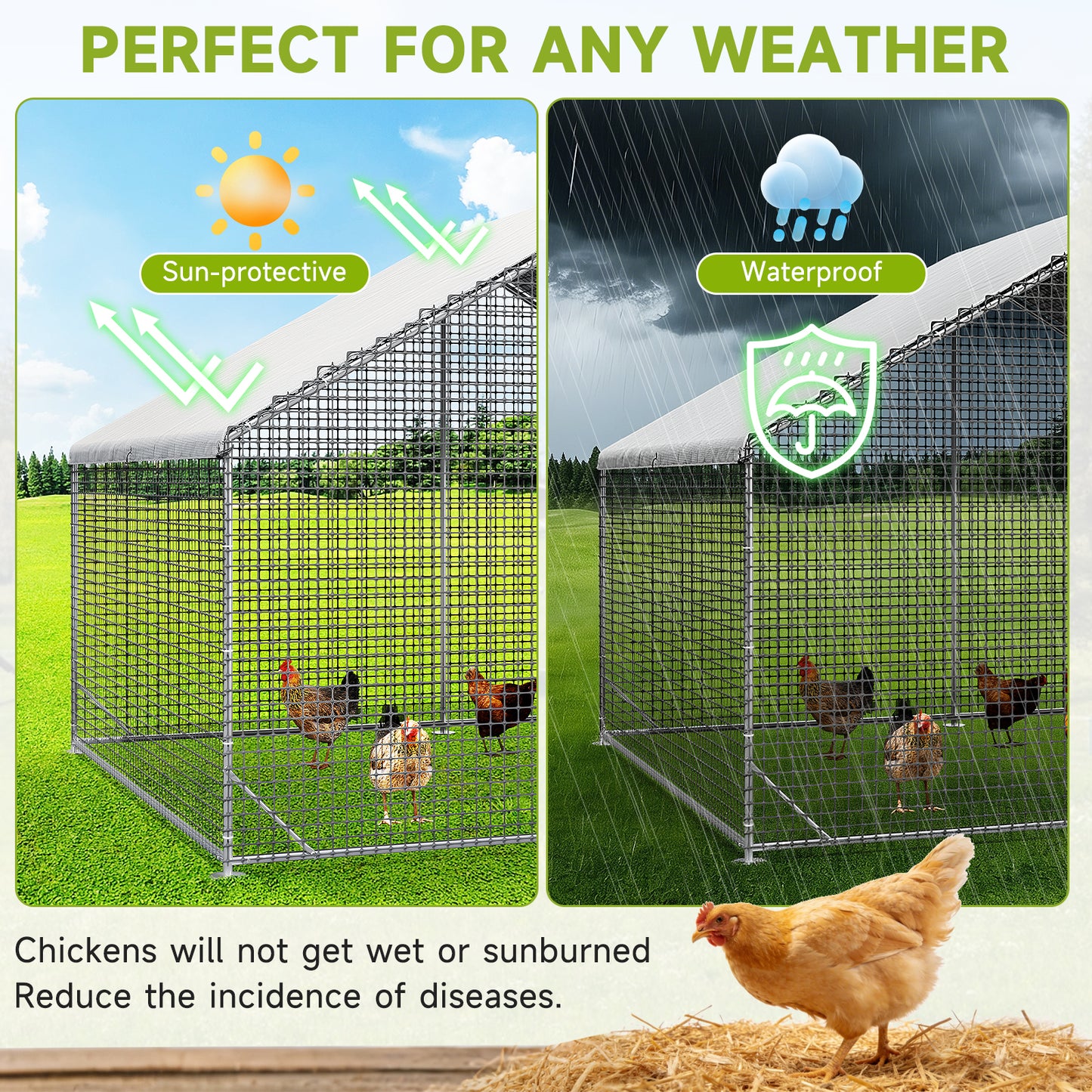 LAFWELL Petony Chicken Coop Outdoor Walk-in Poultry Cage Large Metal Pen Hen Run House Spire Shaped Cage with Waterproof Anti-Ultraviolet Cover,for Backyard Farm Rabbits Duck