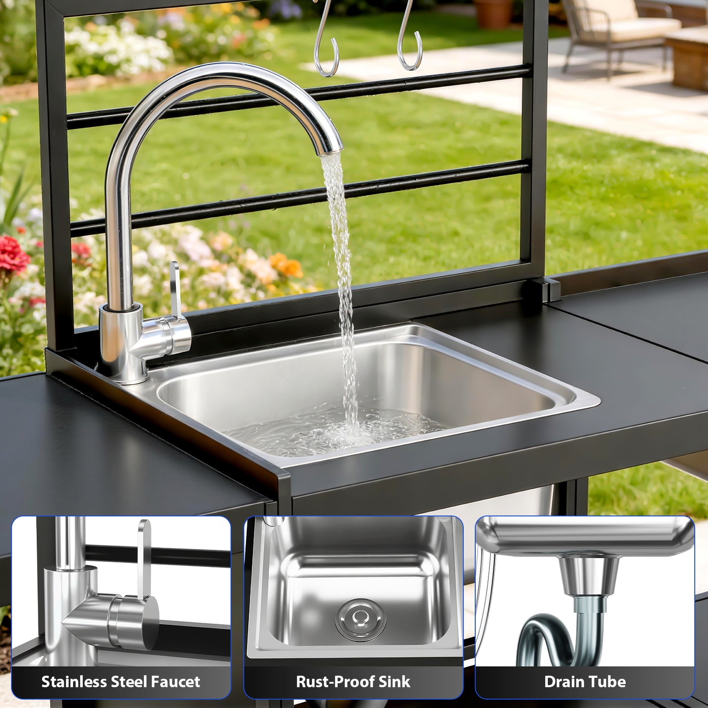 LAFWELL Modular Outdoor Kitchen Island 4-Piece Set, Aluminum Outdoor Kitchen Cabinets Prep Station with Sink, Storage Cabinets & Shelves for Patio, Backyard & Deck