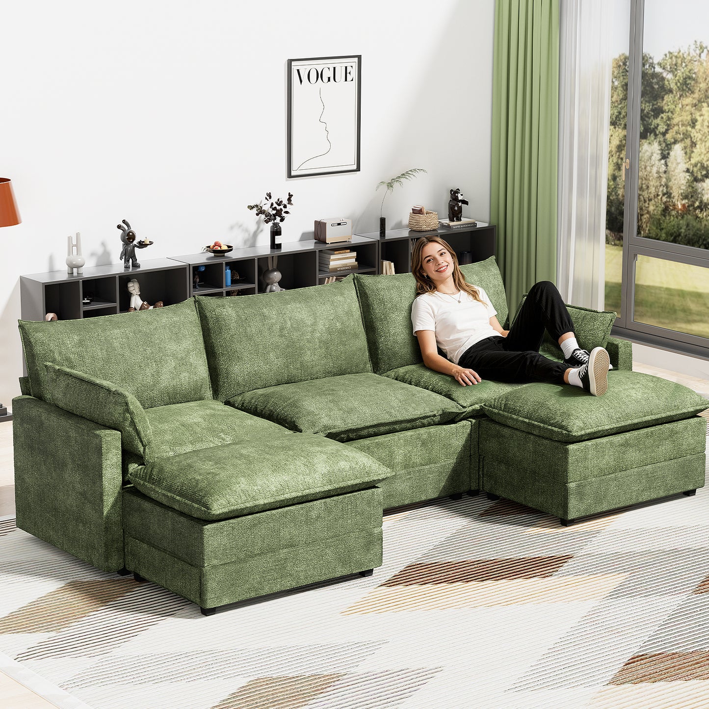 LAFWELL-12.5" L-Shape Modular Sofa with 1 Ottomans, Deep Seat Cloud Convertible Sleeper, 3 Throw 2 Arm Pillows, Comfortable Upholstered Furniture for Living Room Apartment