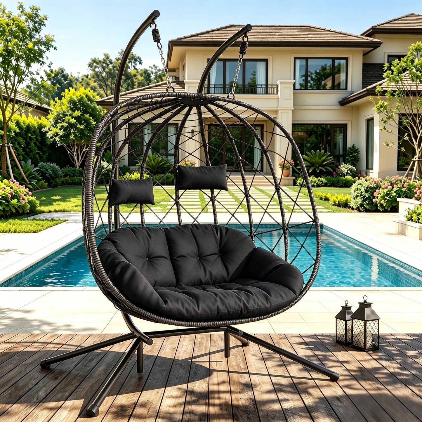 LAFWELL Double Egg Swing Chair with Stand - 2 Person Outdoor Patio Hanging Wicker Hammock Chair with Cushion, Dark Grey, for Garden, Lawn, Bedroom, Indoor/Outdoor Use