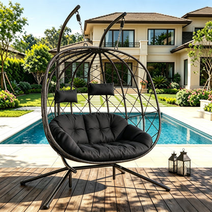 LAFWELL Double Egg Swing Chair with Stand - 2 Person Outdoor Patio Hanging Wicker Hammock Chair with Cushion, Dark Grey, for Garden, Lawn, Bedroom, Indoor/Outdoor Use