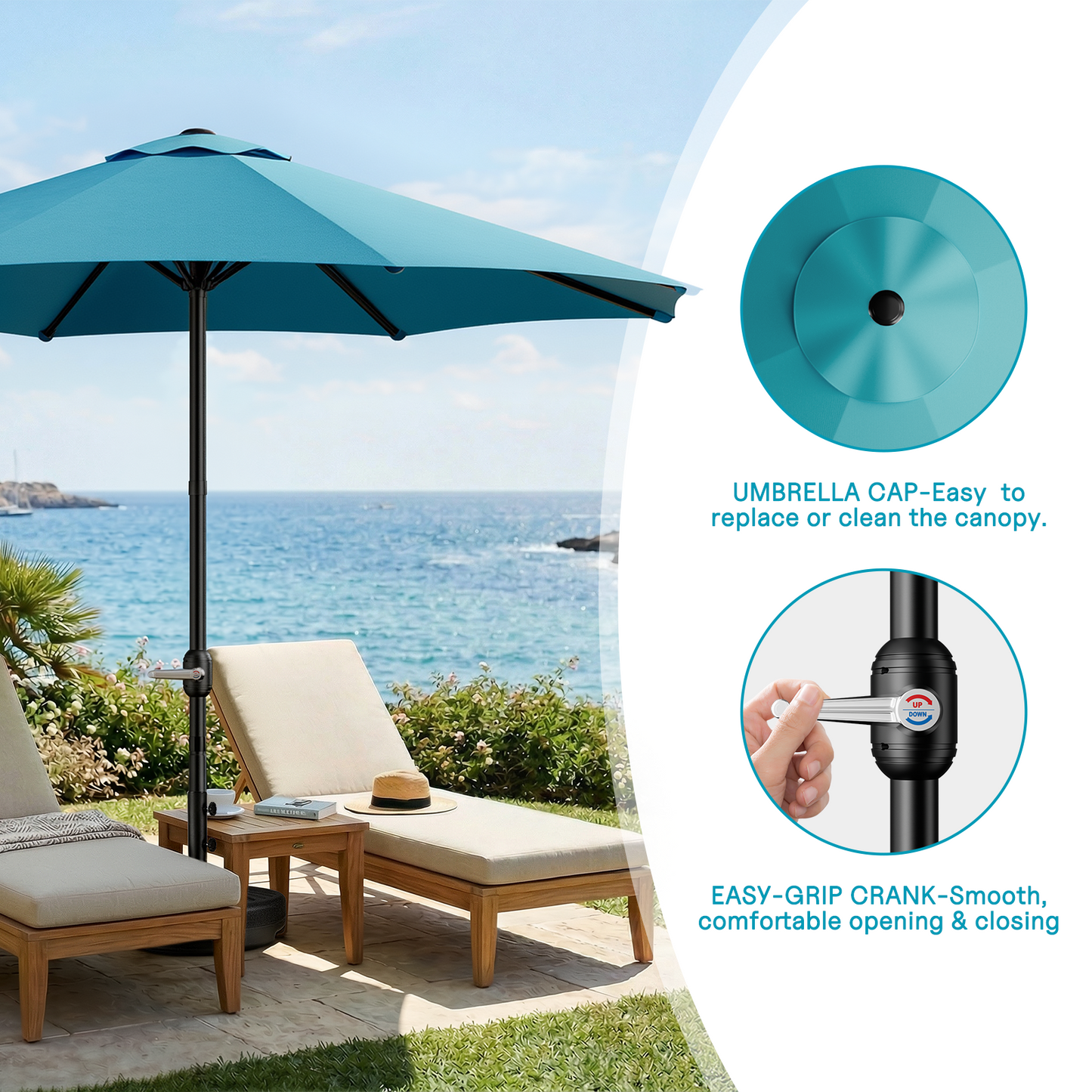 LAFWELL  9FT Outdoor Patio Umbrella with Easy Crank - UV Resistant & Waterproof Market Umbrella with Ventilated Canopy, 8 Sturdy Ribs & Powder-Coated Frame for Garden, Deck, Backyard, Pool, Patio Table