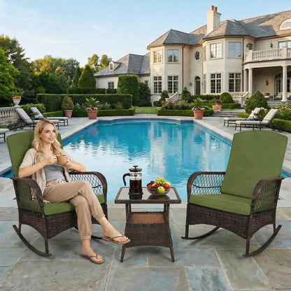 LAFWELL 3-Piece Outdoor Rocking Bistro Set, PE Rattan Wicker Patio Conversation Chairs with Thick Sand Cushions & Side Table for Front Porch, Balcony, & Morning Coffee