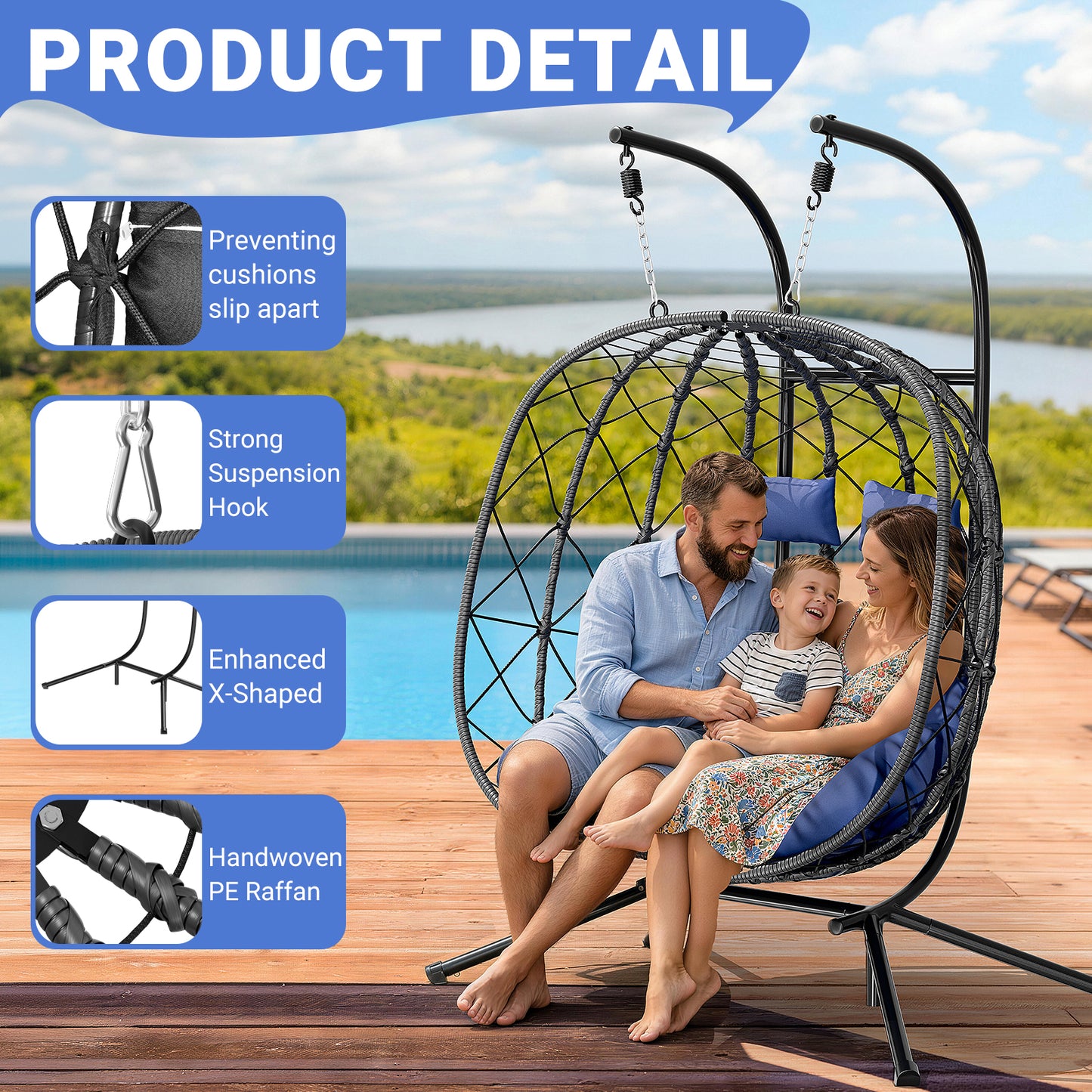 LAFWELL Double Egg Swing Chair with Stand - 2 Person Outdoor Patio Hanging Wicker Hammock Chair with Cushion, Dark Grey, for Garden, Lawn, Bedroom, Indoor/Outdoor Use