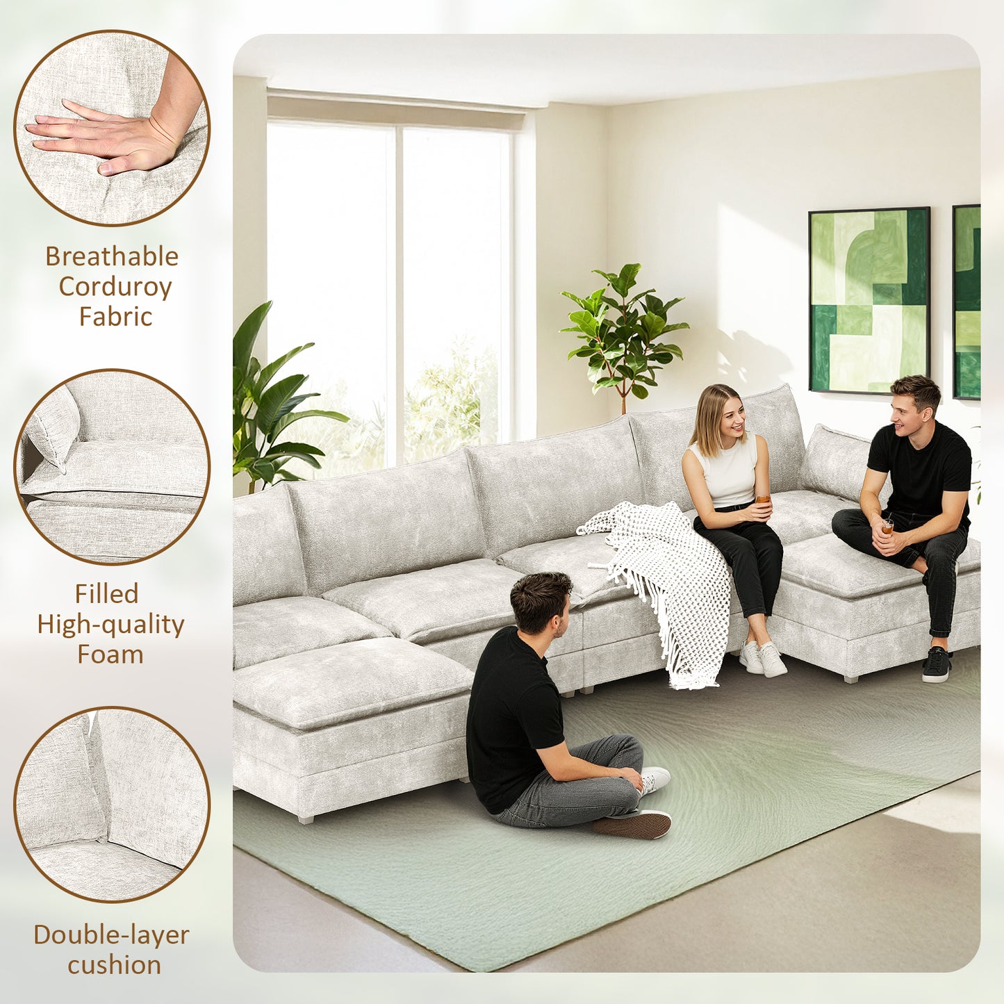 LAFWELL-12.5" L-Shape Modular Sofa with 1 Ottomans, Deep Seat Cloud Convertible Sleeper, 3 Throw 2 Arm Pillows, Comfortable Upholstered Furniture for Living Room Apartment