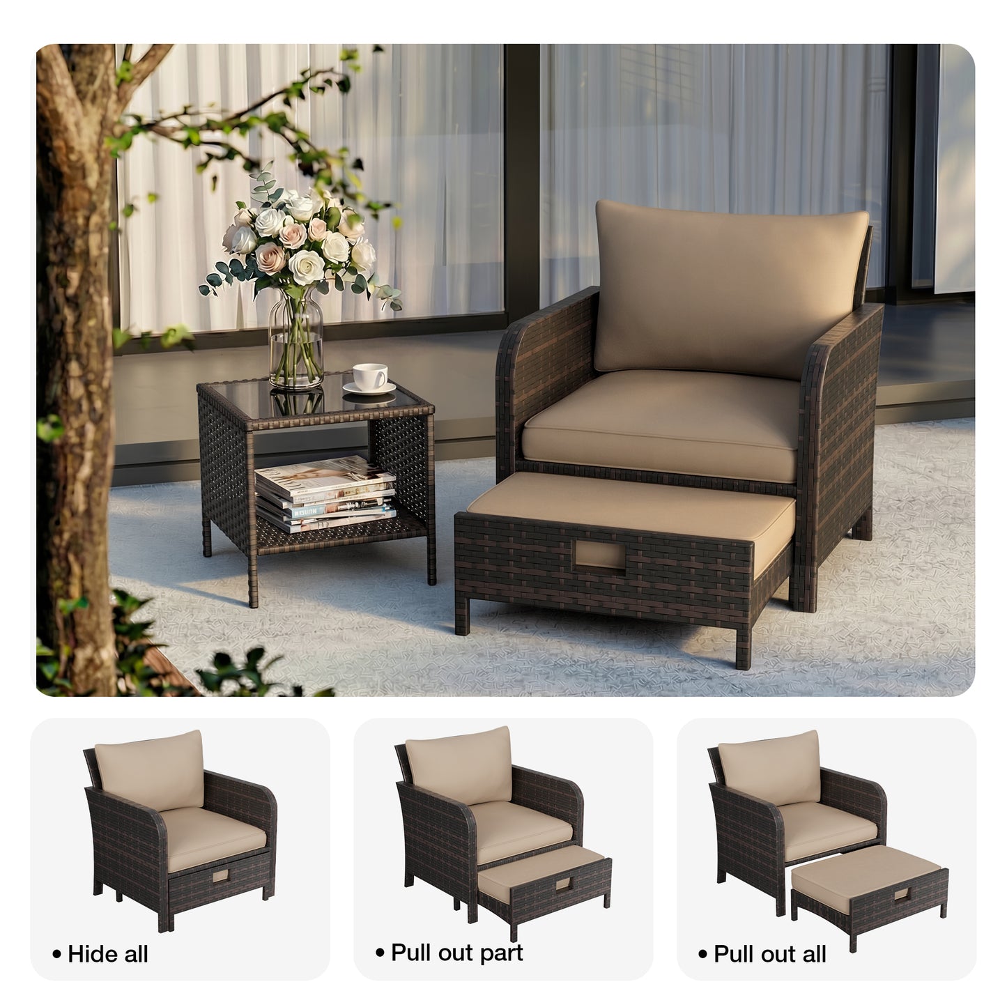 LAFWELL 5 Piece Patio Conversation Set with Wicker Rattan Outdoor Lounge Chairs, Soft Cushions, Ottoman, Glass Table