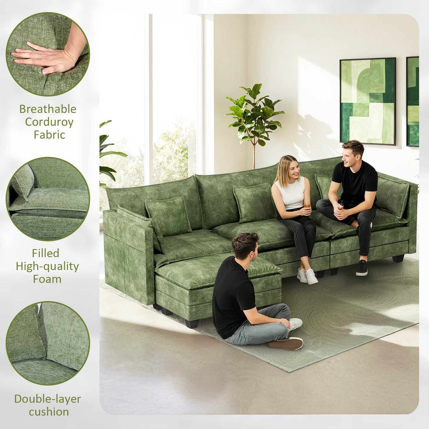 LAFWELL-12.5" L-Shape Modular Sofa with 1 Ottomans, Deep Seat Cloud Convertible Sleeper, 3 Throw 2 Arm Pillows, Comfortable Upholstered Furniture for Living Room Apartment
