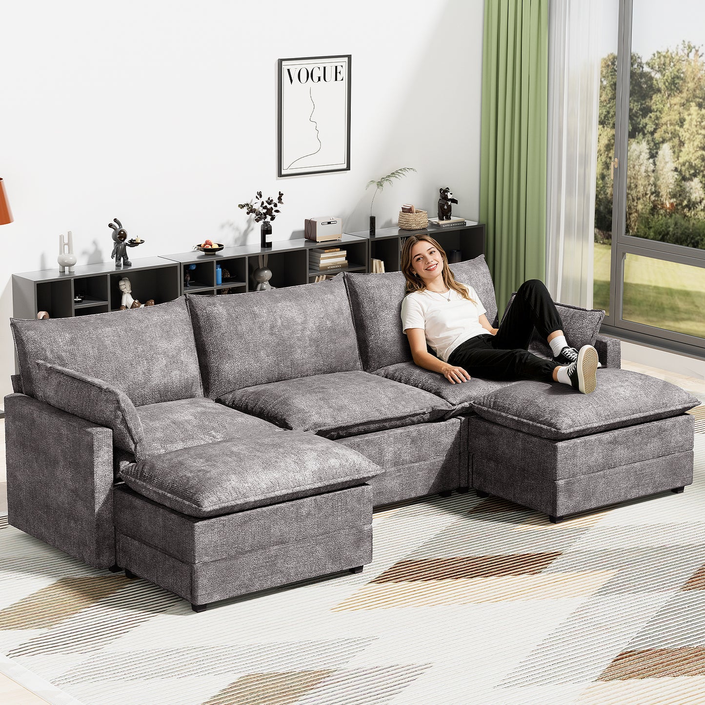LAFWELL-12.5" L-Shape Modular Sofa with 1 Ottomans, Deep Seat Cloud Convertible Sleeper, 3 Throw 2 Arm Pillows, Comfortable Upholstered Furniture for Living Room Apartment