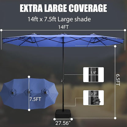 LAFWELL 15FT Double-Sided Patio Umbrella with Base Included, Large Outdoor Rectangular Market Umbrella for Backyard, Poolside, Lawn & Garden
