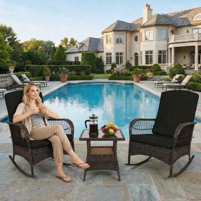 LAFWELL 3-Piece Outdoor Rocking Bistro Set, PE Rattan Wicker Patio Conversation Chairs with Thick Sand Cushions & Side Table for Front Porch, Balcony, & Morning Coffee