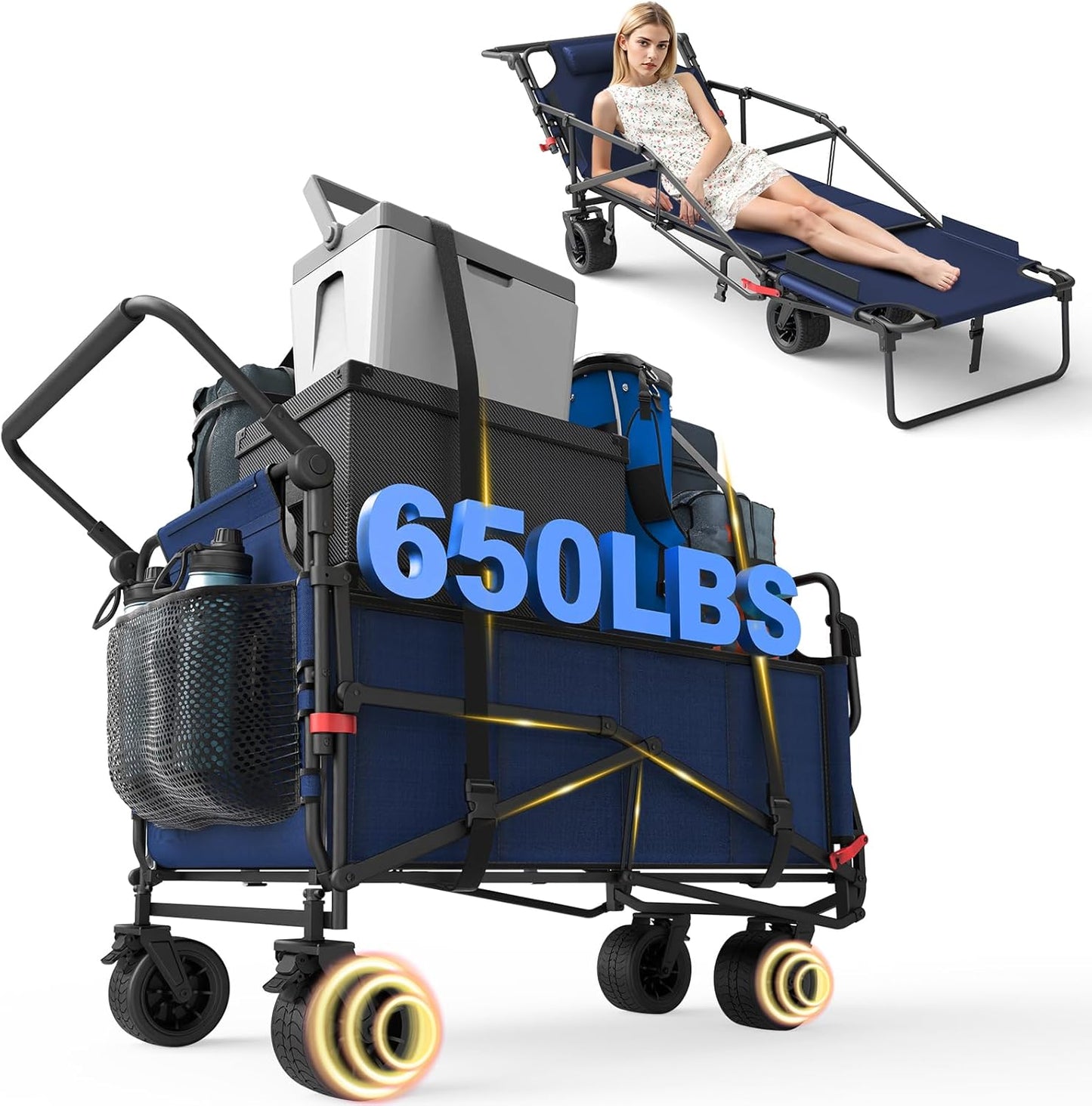 LAFWELL Heavy Duty Folding Wagon - 2-in-1 Collapsible Cart, 400lb/650lb Capacity, All-Terrain Wheels with Brakes &amp; Side Pockets