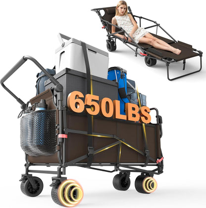 LAFWELL Heavy Duty Folding Wagon - 2-in-1 Collapsible Cart, 400lb/650lb Capacity, All-Terrain Wheels with Brakes &amp; Side Pockets