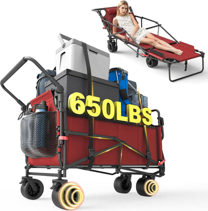 LAFWELL Heavy Duty Folding Wagon - 2-in-1 Collapsible Cart, 400lb/650lb Capacity, All-Terrain Wheels with Brakes &amp; Side Pockets