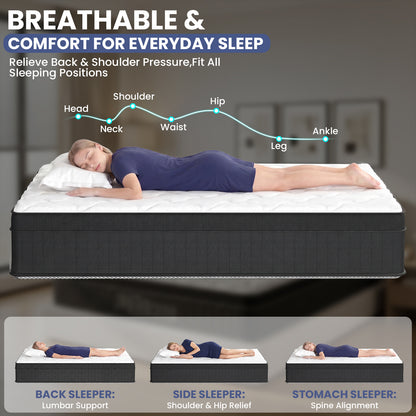 LAFWELL  12" 14" Hybrid Mattress in a Box | Twin Full Queen Size Innerspring Mattress with Individual Pocket Springs & High Density Foam | Medium Firm, Fiberglass Free, Pressure Relief, White