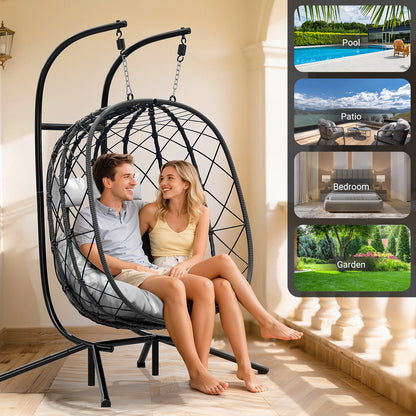 LAFWELL Double Egg Swing Chair with Stand - 2 Person Outdoor Patio Hanging Wicker Hammock Chair with Cushion, Dark Grey, for Garden, Lawn, Bedroom, Indoor/Outdoor Use