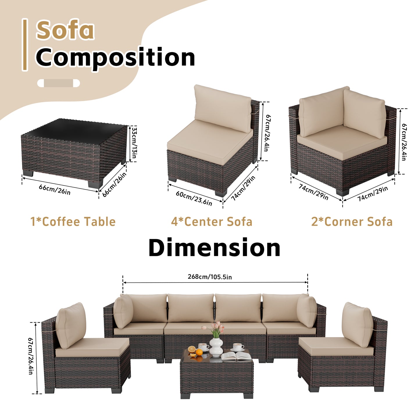 LAFWELL 7-Piece Outdoor Sectional Sofa Set, Customizable Rattan Wicker Patio Conversation Set with Versatile Arrangements for Deck, Lawn, & Cozy Lounging