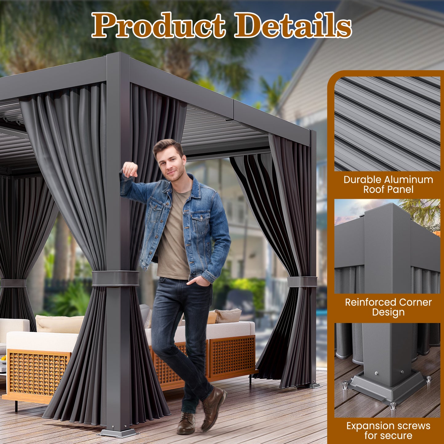 LAFWELL  10' x 12' /20' Louvered Pergola with Adjustable Roof, Outdoor Metal Patio Gazebo with Curtains & Netting, Gutter System, Large Hardtop Canopy for Garden, Deck, Backyard