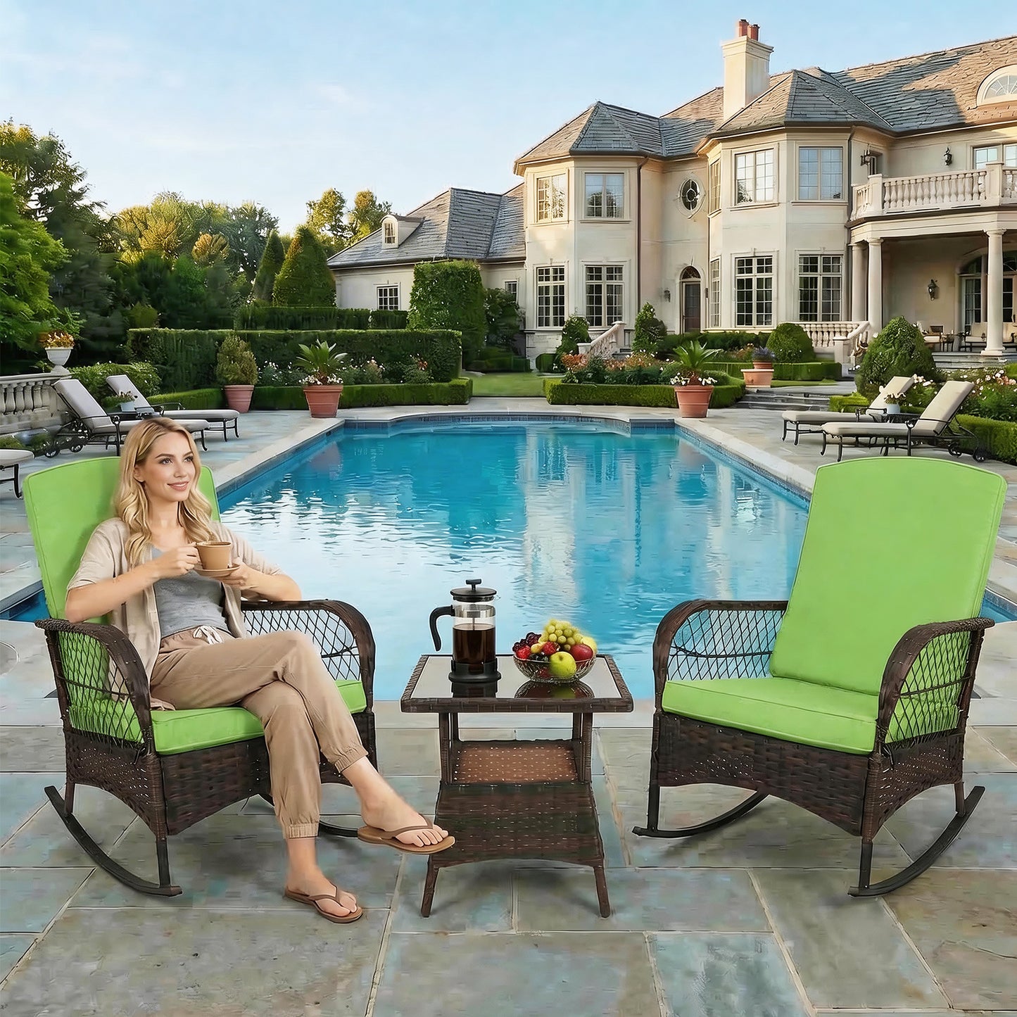 LAFWELL 3-Piece Outdoor Rocking Bistro Set, PE Rattan Wicker Patio Conversation Chairs with Thick Sand Cushions & Side Table for Front Porch, Balcony, & Morning Coffee