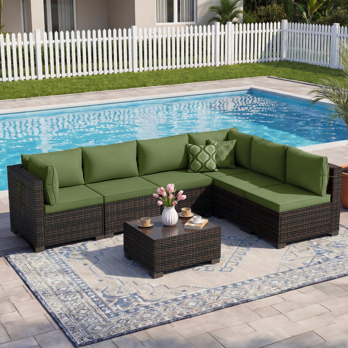 LAFWELL Outdoor Patio Furniture Sets: 7-Piece  Rattan Conversation Sectional Set with Wicker Sofa &amp; Tea Table