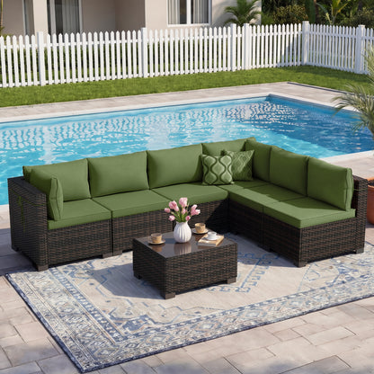LAFWELL Outdoor Patio Furniture Sets: 7-Piece  Rattan Conversation Sectional Set with Wicker Sofa &amp; Tea Table