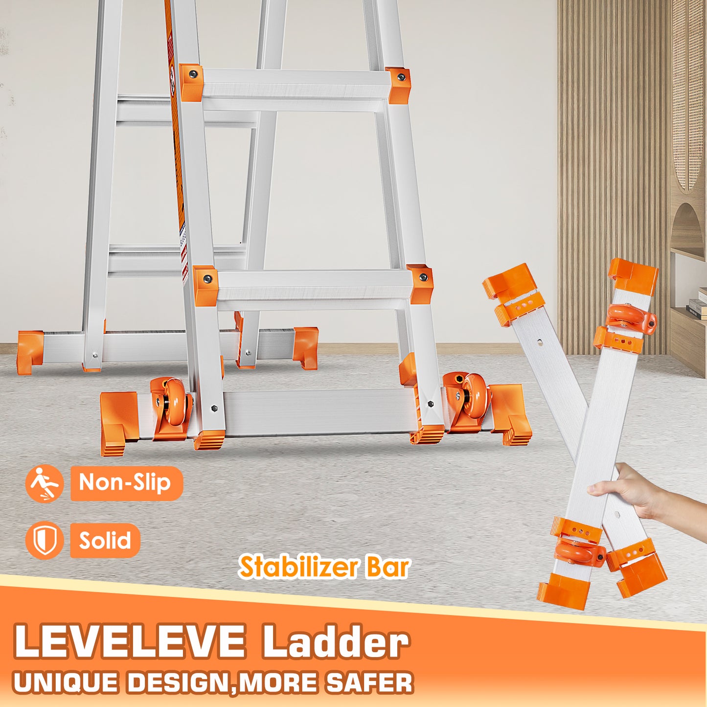 LAFWELL Multi Position 3 Step Ladder, 14FT Extension Ladder with Stabilizer Bar &amp; Wheels,330 lbs Security Load A Frame Ladder for Stairs Home Indoor Outdoor Roof