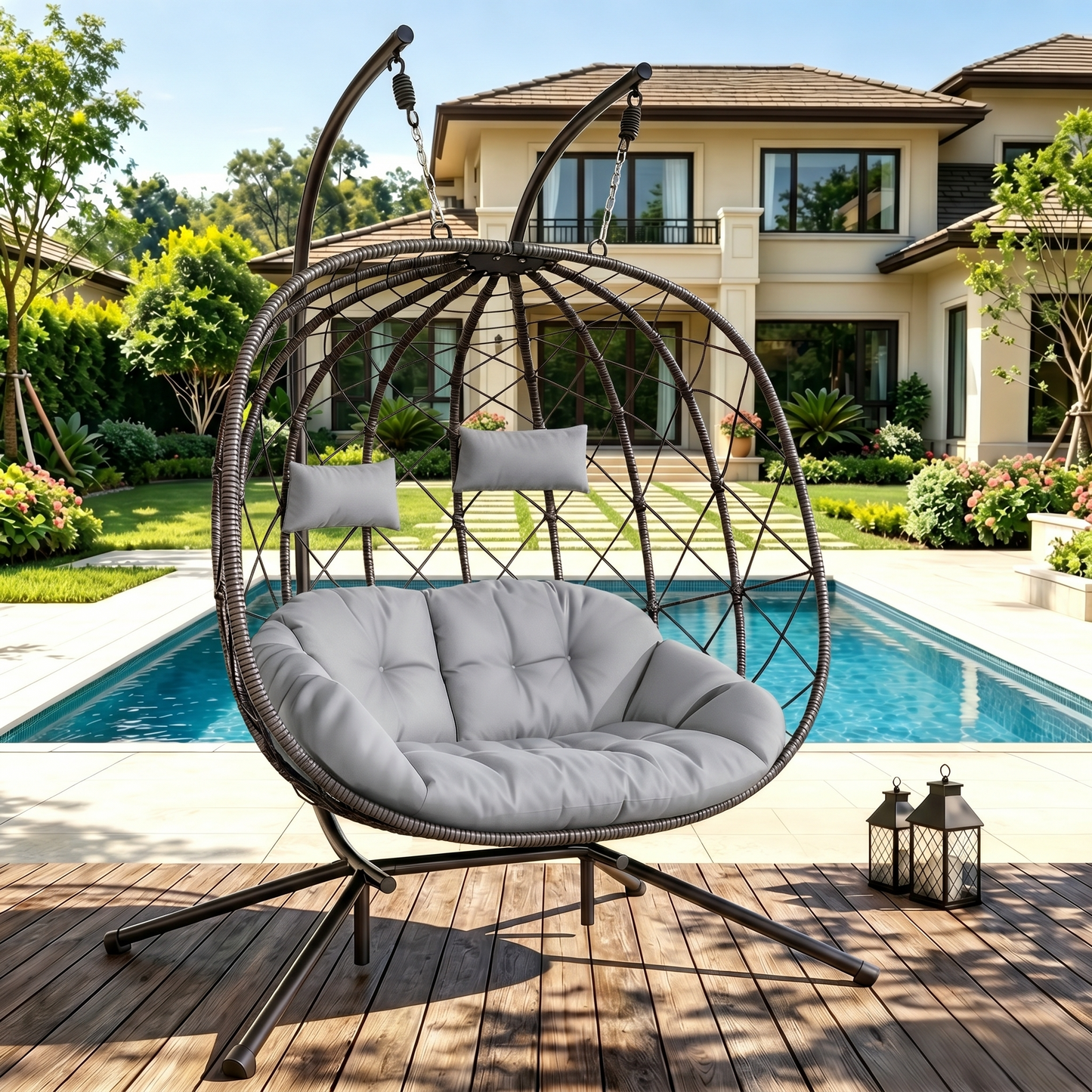 LAFWELL Double Egg Swing Chair with Stand - 2 Person Outdoor Patio Hanging Wicker Hammock Chair with Cushion, Dark Grey, for Garden, Lawn, Bedroom, Indoor/Outdoor Use