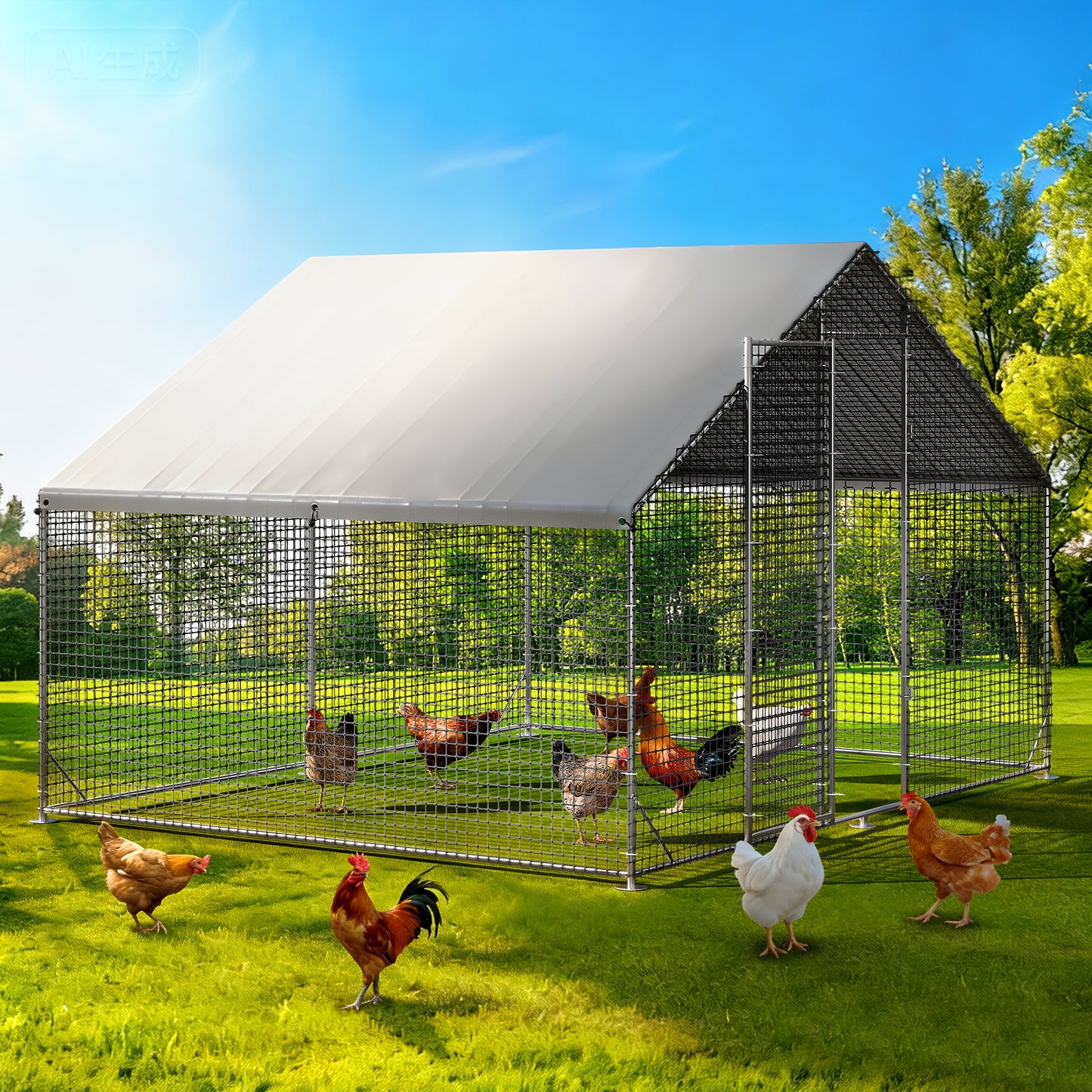 LAFWELL Petony Chicken Coop Outdoor Walk-in Poultry Cage Large Metal Pen Hen Run House Spire Shaped Cage with Waterproof Anti-Ultraviolet Cover,for Backyard Farm Rabbits Duck