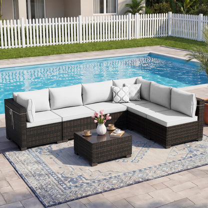 LAFWELL Outdoor Patio Furniture Sets: 7-Piece  Rattan Conversation Sectional Set with Wicker Sofa &amp; Tea Table